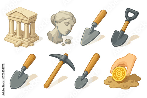 Archaeological tools and artifacts illustration with ancient bust and coin