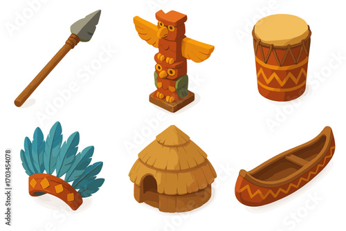 Traditional indigenous artifacts collection: spear, totem, drum, headdress, hut, canoe