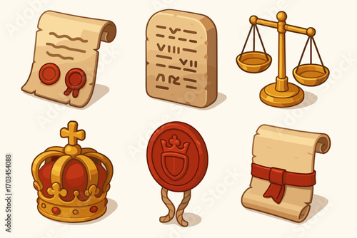 Ancient document and royal emblem illustrations with scales, crown, scrolls, and tablets