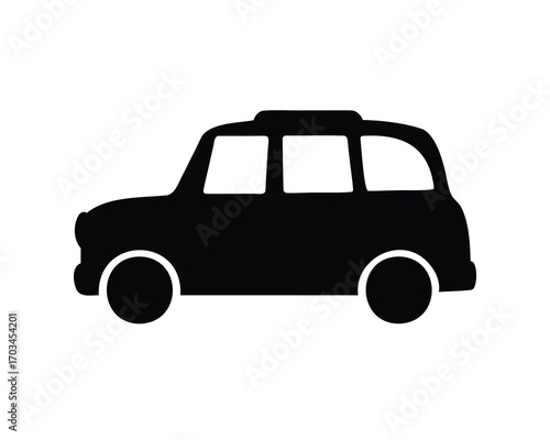 Black silhouette of a classic London taxi cab on a white background