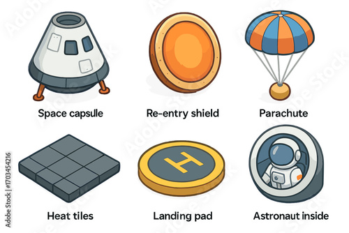 Spacecraft components: capsule, shield, parachute, heat tiles, landing pad, astronaut
