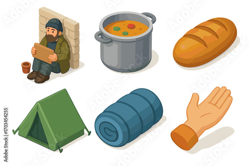 Homelessness icons set: male beggar, soup pot, bread, tent, sleeping bag, helping hand