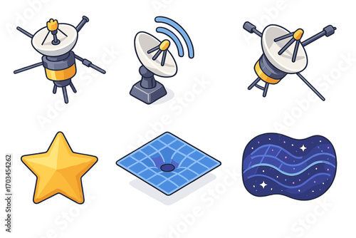 Illustrations of satellite dishes and space-themed icons with star and cosmic patterns