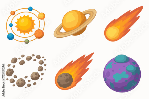 Colorful cartoon space elements with sun, saturn, comet, asteroid, and planet