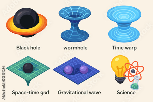Astrophysical concepts: black hole, wormhole, time warp, gravitational waves, space-time grid