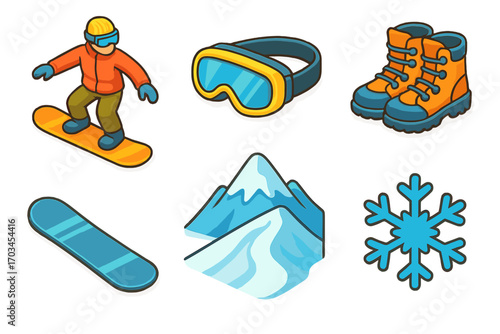 Winter sports icons: snowboarding, goggles, boots, mountains, and snowflake design elements