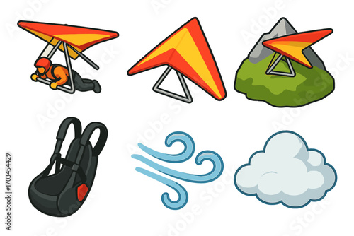 Hang gliding adventure icons with glider, harness, and cloud elements