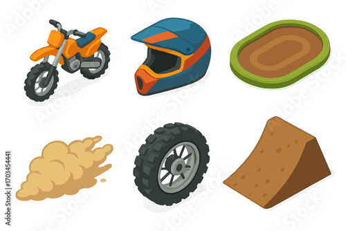 Dirt bike racing gear and accessories: helmet, track, tire, ramp, dust