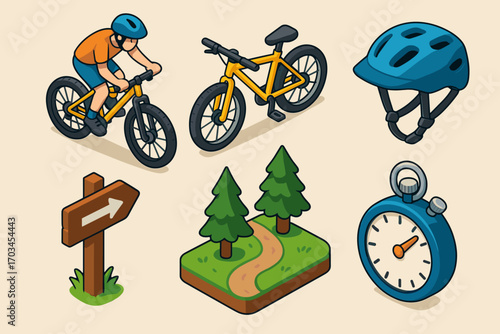 Cycling adventure: male biker, mountain bike, helmet, stopwatch, trail sign