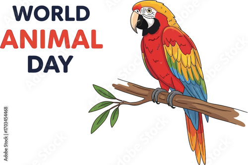 World animal day with a colorful parrot illustration of a bird, on a branch and nature concept
