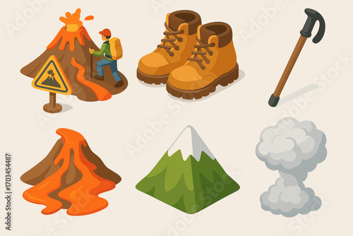 Hiking adventure with volcanoes and mountain equipment icons