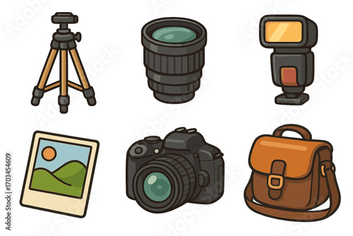 Photography equipment icons: tripod, camera, lens, flash, bag, photo