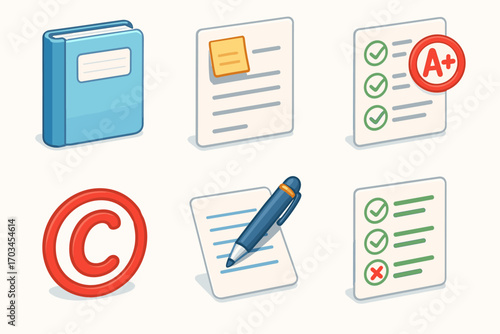 Educational icons set featuring book, checklist, copyright symbol, and pen