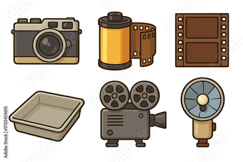 Vintage photography equipment: camera, film roll, reel, flash, tray, projector