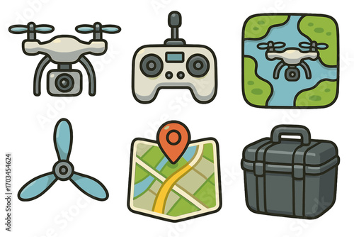 Drone equipment icons including camera, controller, maps, propeller, and case