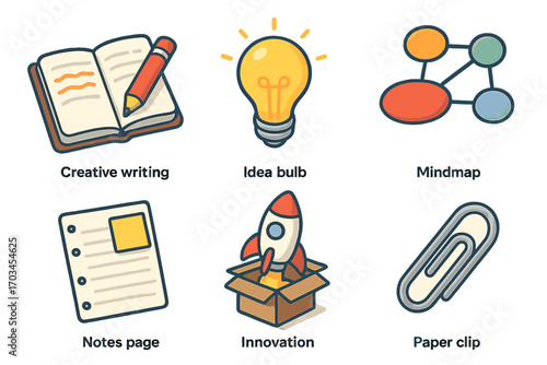 Creative writing tools and ideas: book, light bulb, mindmap, notes, innovation, paperclip