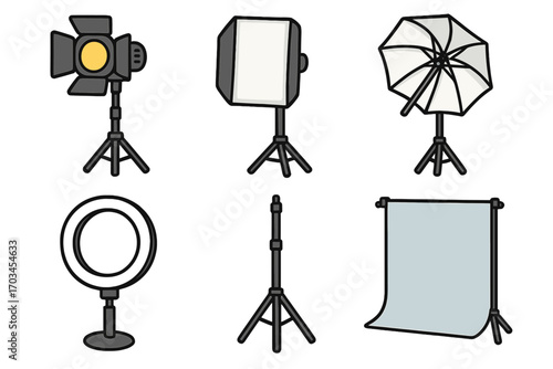 Studio equipment: lighting, softbox, umbrella, ring light, stand, backdrop for photography