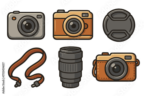 Cartoon camera icons with accessories - lens, strap, cap