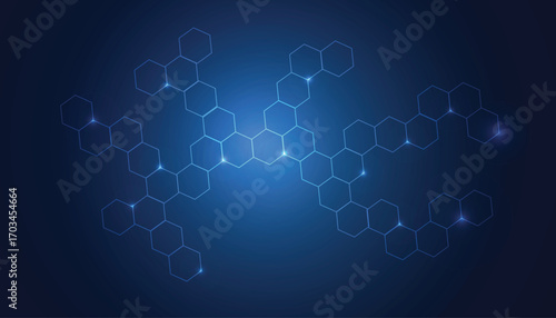 Neon blue hexagon network on dark background, glowing honeycomb grid of connected nodes, blockchain and molecular structure, data technology wallpaper 