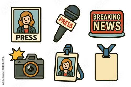 Journalism icons set featuring female reporter and press elements