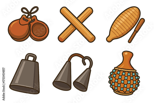 Collection of traditional percussion instruments including castanets and xylophone sticks