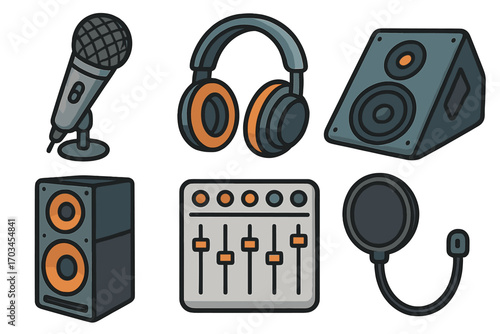 Audio equipment set featuring microphone, headphones, speakers, mixer, and pop filter