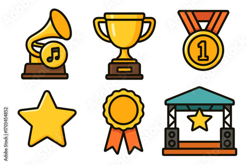 Collection of awards and trophies: gramophone, trophy, medal, star, ribbon, stage