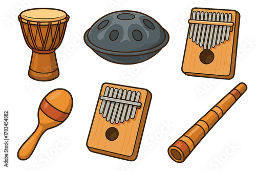 Collection of traditional percussion and wind musical instruments