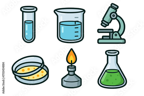 Science icons: test tube, beaker, microscope, petri dish, bunsen burner, flask