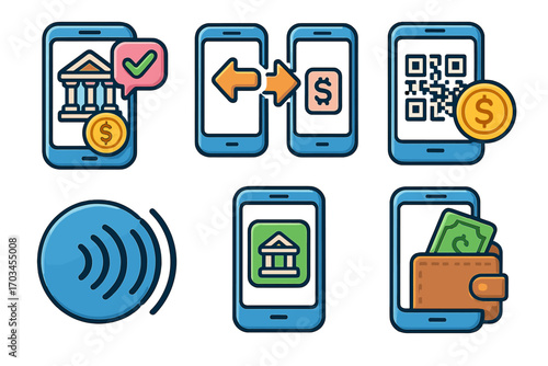 Digital banking icons featuring mobile payments, transfers, and wallet