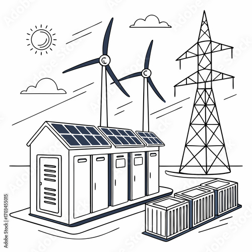 Vector art of line art illustration of a renewable energy microgrid with solar panels, wind turbines, and battery storage, showcasing sustainable power generation
