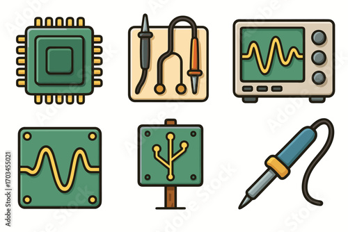 Electronics tools and components: circuit board, oscilloscope, soldering iron