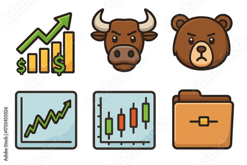 Bull and bear market icons with increasing graphs and file folder