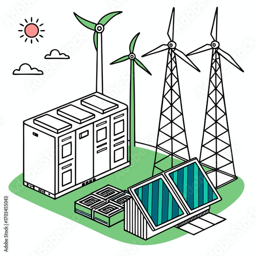 Vector art of isometric illustration of a renewable energy system featuring solar panels, wind turbines, and battery storage, showcasing sustainable power generation and distribution