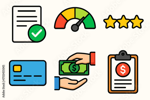 Financial elements set: credit score, payment, rating, money, contract, stars