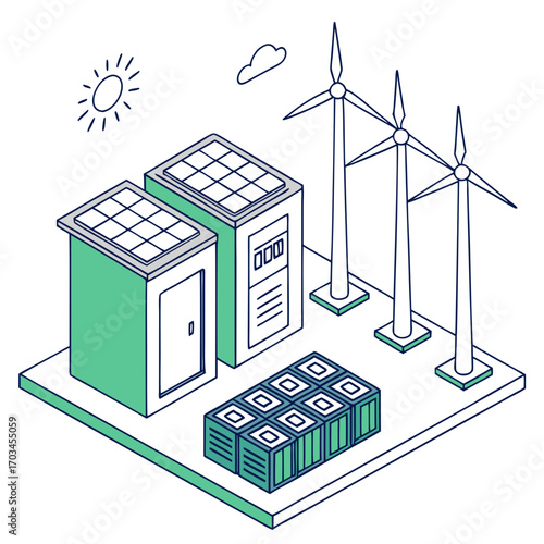 Vector art of isometric illustration of a sustainable energy system featuring solar panels, wind turbines, and battery storage, representing clean and renewable power generation