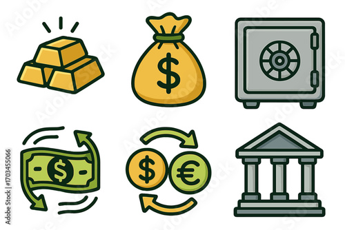 Financial icons featuring gold bars, money bag, safe, currency exchange, bank symbol