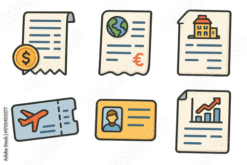 Financial documents and travel essentials including ticket and id card