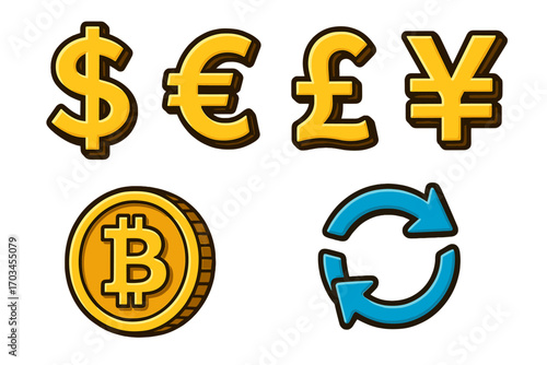 Currency symbols and bitcoin icon with exchange arrows illustration