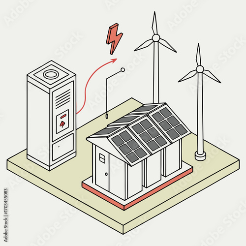 Vector art of isometric illustration showcasing a sustainable energy system with solar panels, wind turbines, and a power storage unit, highlighting clean energy generation and storage solutions