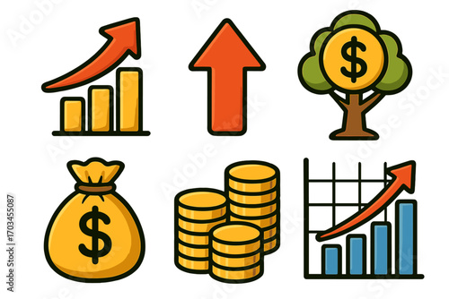 Economic growth icons: arrow trends, money bag, coin stacks, dollar tree, chart