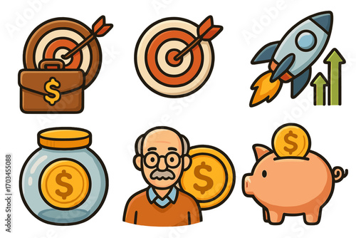 Financial growth icons with elderly caucasian male and currency symbols