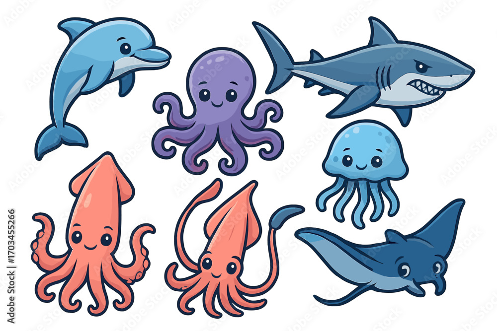 Naklejka premium Cartoon marine animals: dolphin, shark, squid, octopus, jellyfish, manta ray