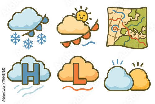 Weather symbols with clouds, map, and meteorological elements