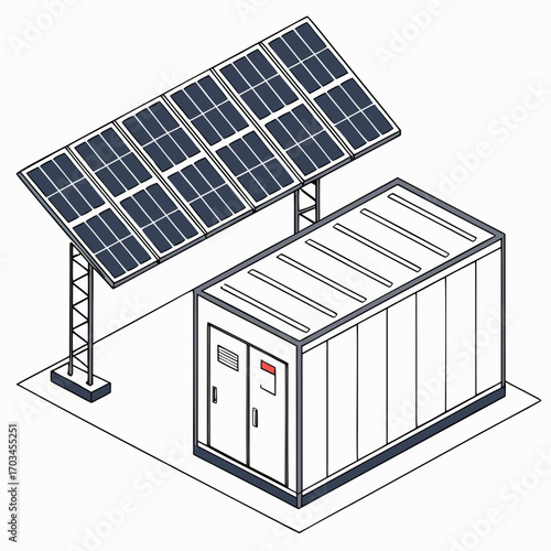 Vector art of isometric illustration of a solar power station with solar panels and a container for energy storage, showcasing sustainable energy solutions and modern technology