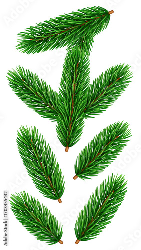 Vertical arrangement of stylized evergreen needles.  Intricate, symmetrical design of  pine or fir foliage.  Vibrant green tones