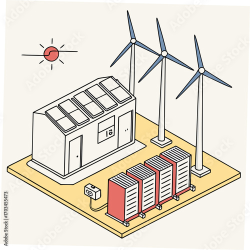 Illustration of a battery energy storage system with solar panel and wind turbine, showcasing sustainable energy solutions and grid integration