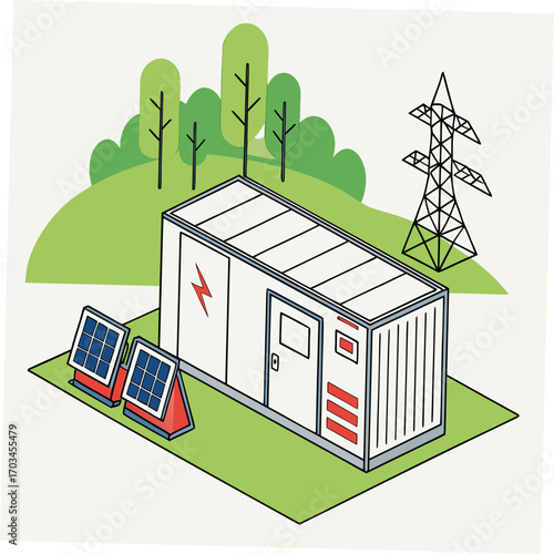 Vector art of isometric illustration showcasing a solar energy system connected to a power grid substation in a green environment, the design emphasizes sustainable energy solutions