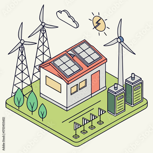 Vector art of isometric illustration of a sustainable home powered by renewable energy, featuring solar panels, wind turbines, and battery storage for ecofriendly living