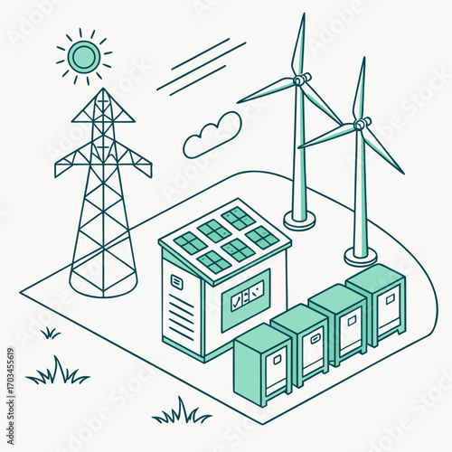 Vector art of isometric illustration showcasing renewable energy infrastructure with wind turbines, solar panels, and energy storage, symbolizing a sustainable and ecofriendly power system